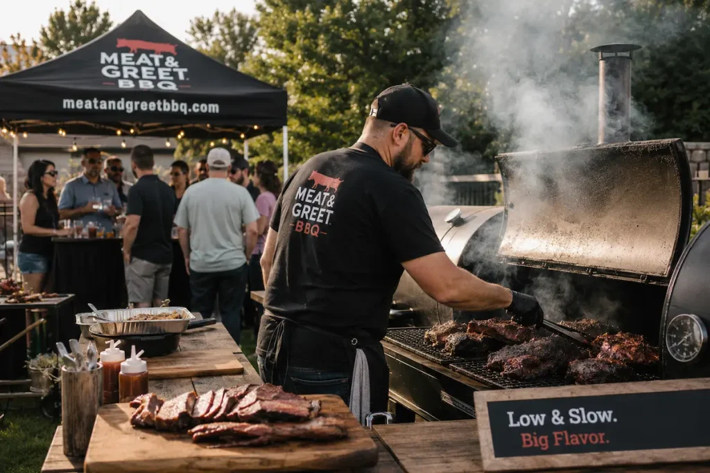 DFW BBQ pitmaster smoking brisket on-site