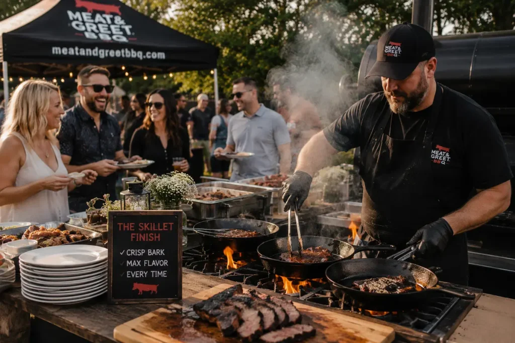 cast iron skillet BBQ catering bark restoration