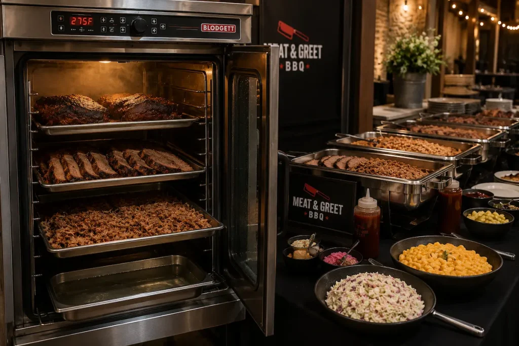 oven reheating BBQ catering setup